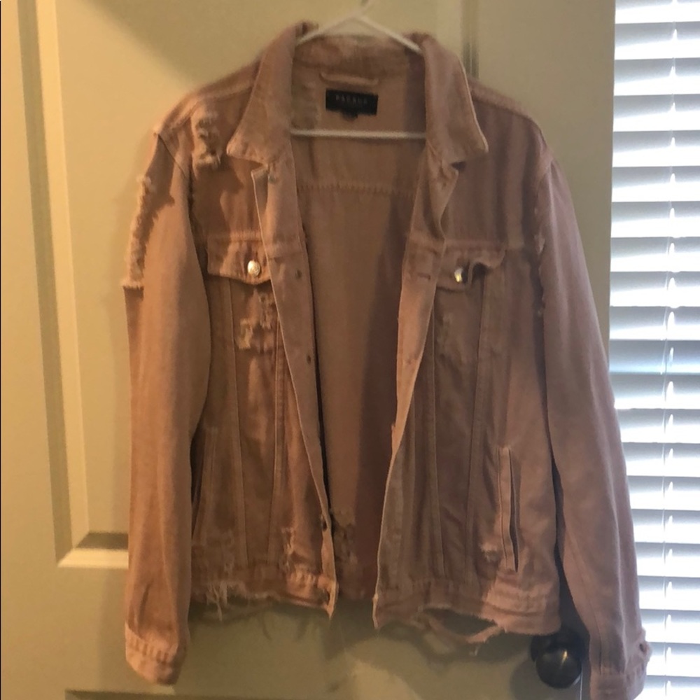 Mens distressed denim jacket in pink